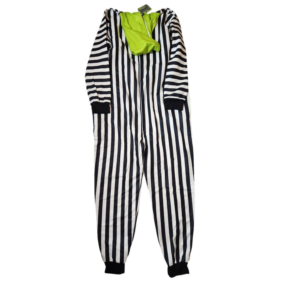 Beetlejuice Men’s XL Coral Fleece Onesie Pajama Costume – Hooded Zip Front